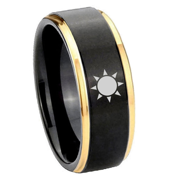 8mm-Sun-Design-Gold-Step-Edges-Black-Tungsten-Carbide-Men's-Wedding-Ring