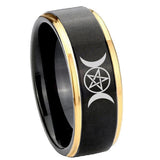 8mm-Triple-Moon-Gold-Step-Edges-Black-Tungsten-Carbide-Men's-Wedding-Ring