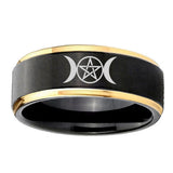 8mm-Triple-Moon-Gold-Step-Edges-Black-Tungsten-Carbide-Men's-Wedding-Ring