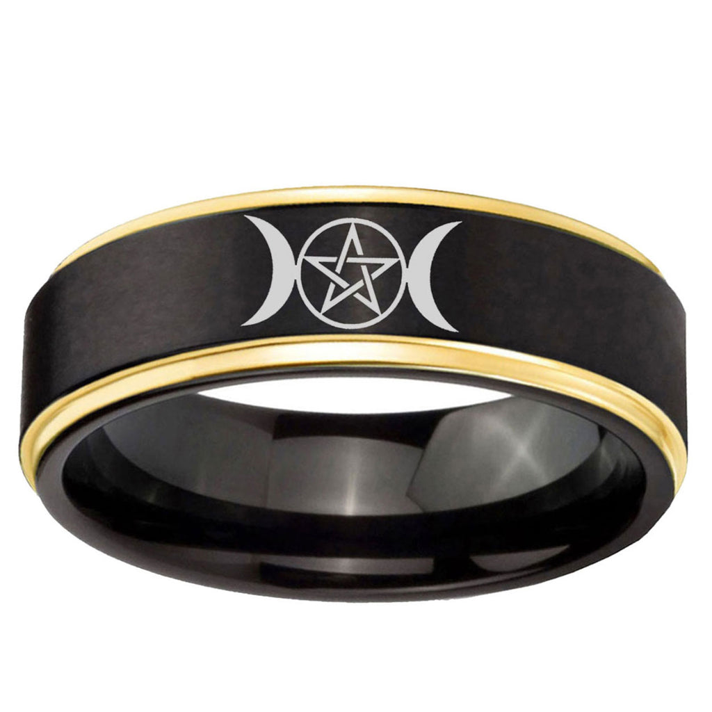 6mm Triple Moon Gold Step Edge Black Tungsten Men's Band