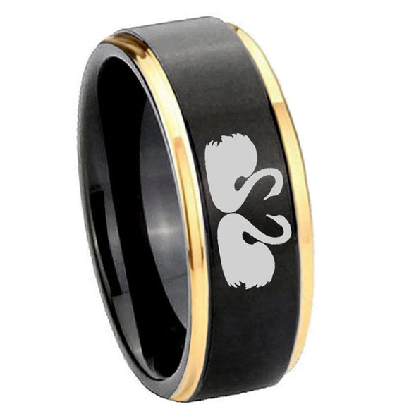 8mm-Swans-Design-Gold-Step-Edges-Black-Tungsten-Carbide-Men's-Wedding-Ring