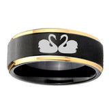 8mm-Swans-Design-Gold-Step-Edges-Black-Tungsten-Carbide-Men's-Wedding-Ring