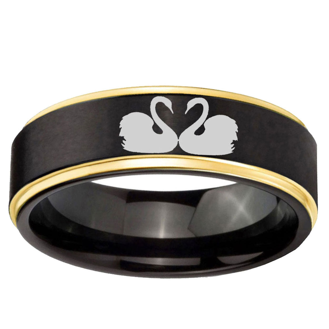 6mm Swans Design Gold Step Edge Black Tungsten Wedding Ring