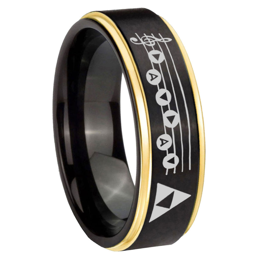 8mm Ocarina Songs Zelda Gold Step Edge Black Tungsten Ring