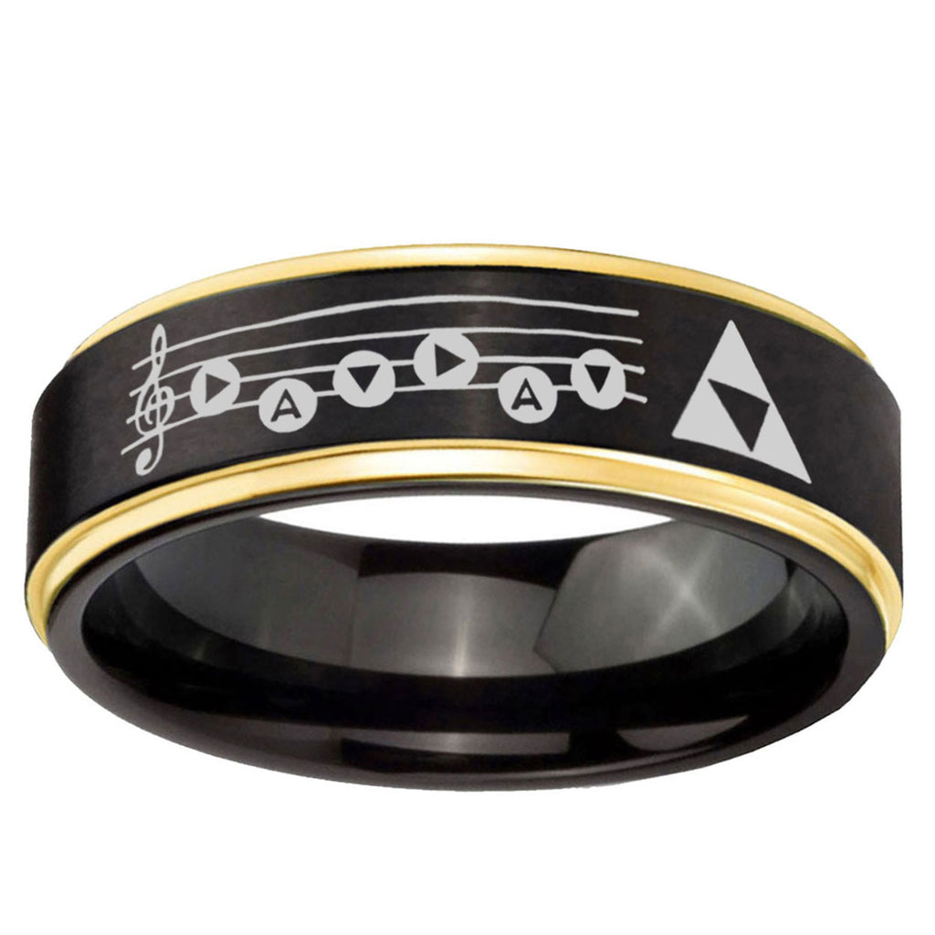 6mm Ocarina Songs Zelda Gold Step Edge Black Tungsten Ring