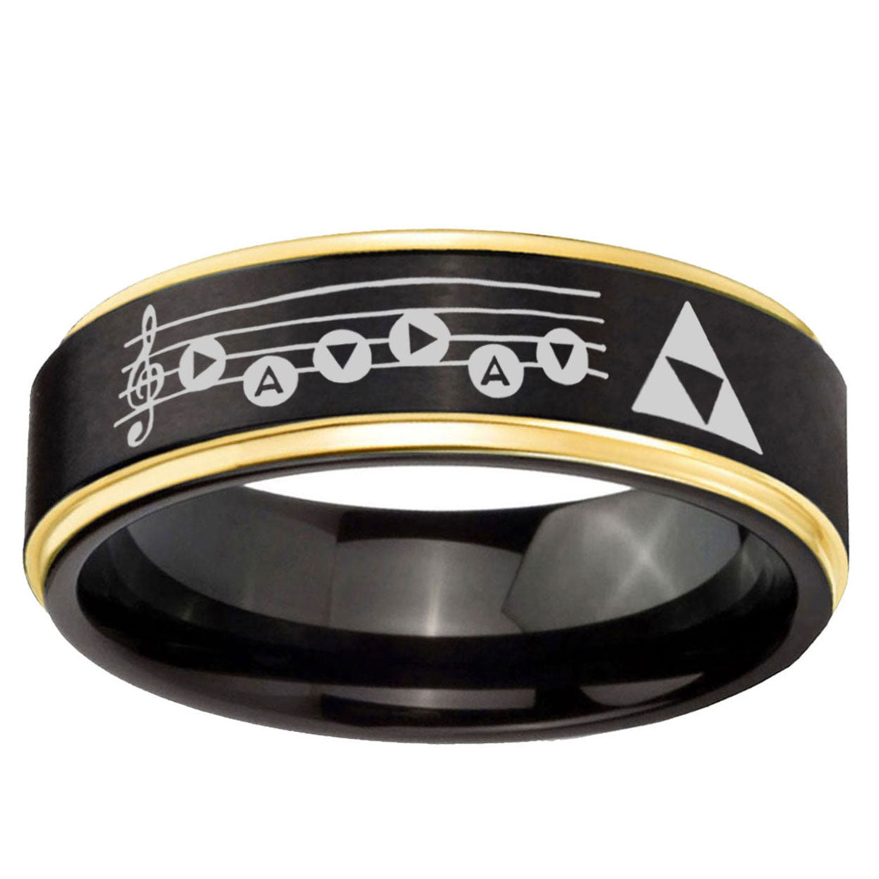 6mm Ocarina Songs Zelda Gold Step Edge Black Tungsten Ring