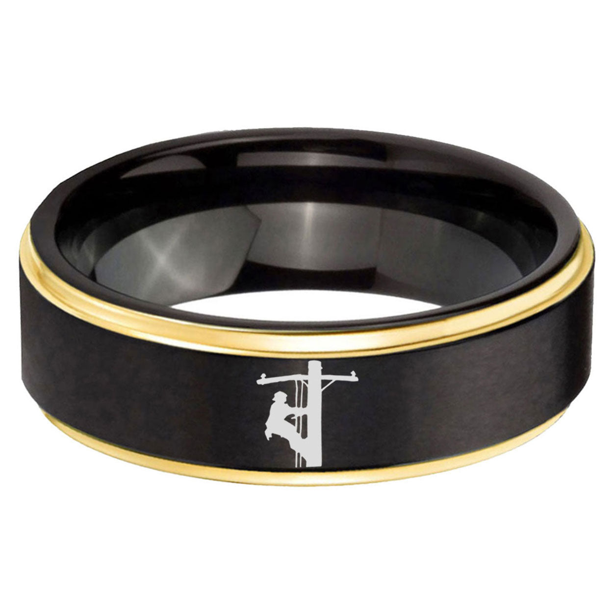 6mm Lineman Symbol Gold Step Edge Black Tungsten Ring