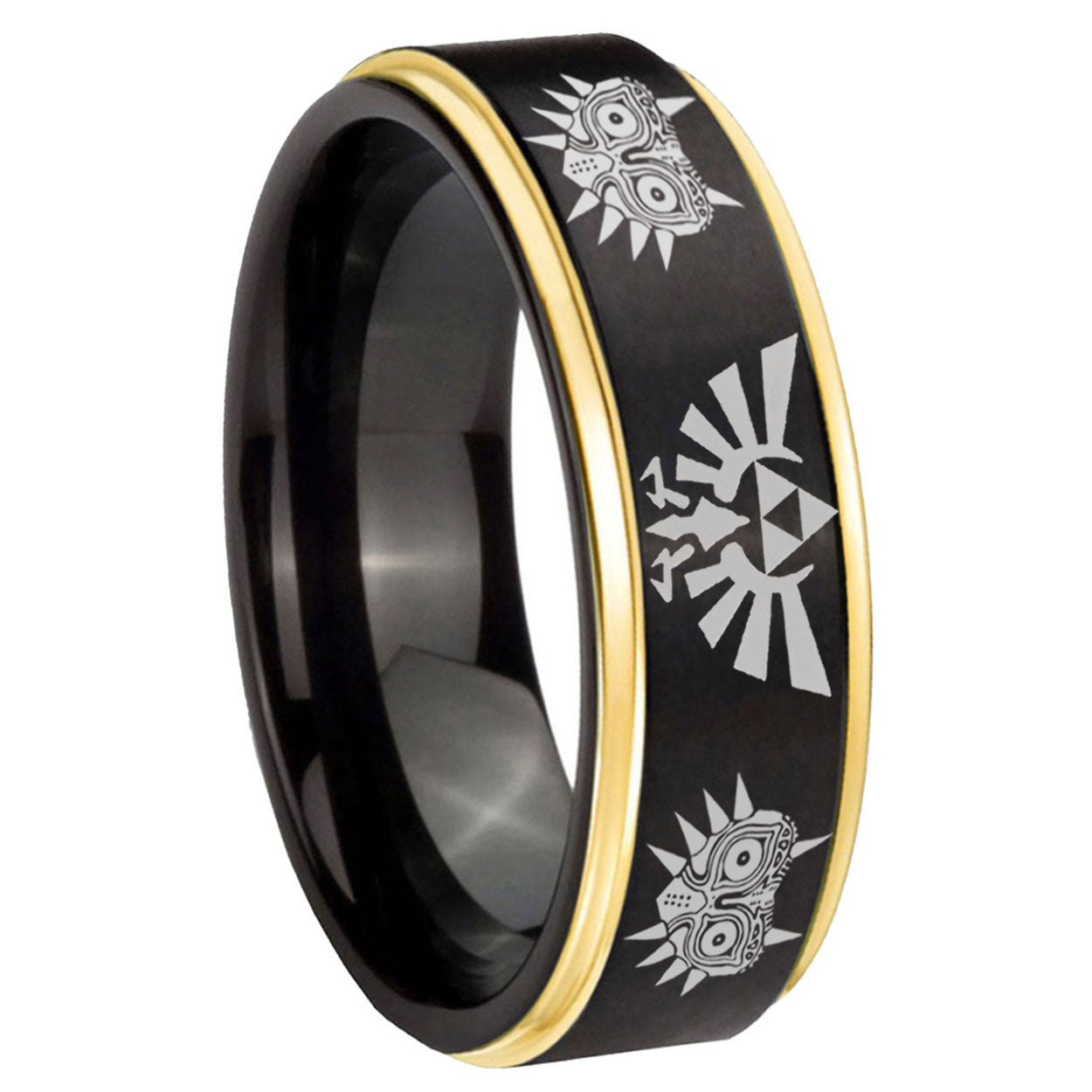 8mm Zelda Majora's Mask Gold Step Edge Black Tungsten Ring