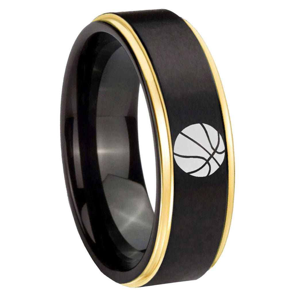 8mm Basketball Gold Step Edge Black Tungsten Promised Ring