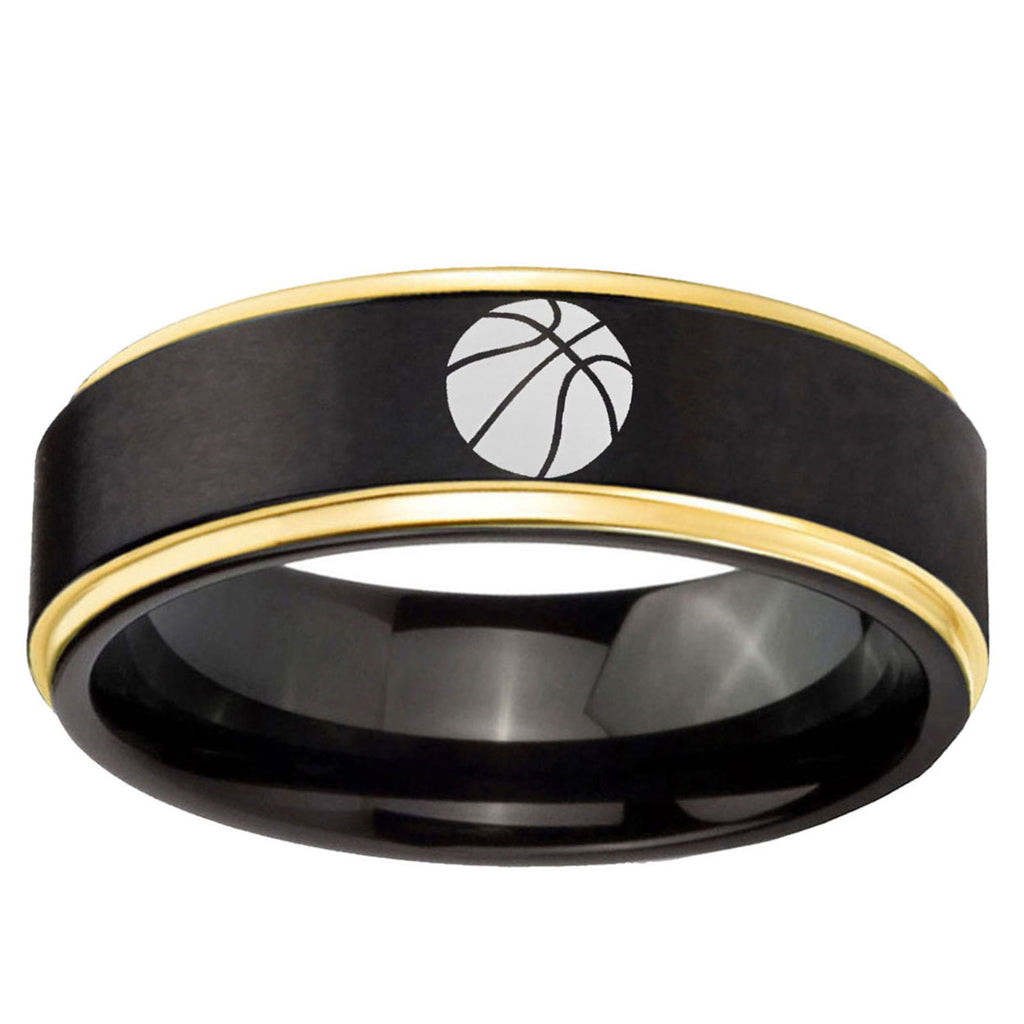 6mm Basketball Gold Step Edge Black Tungsten Promised Ring