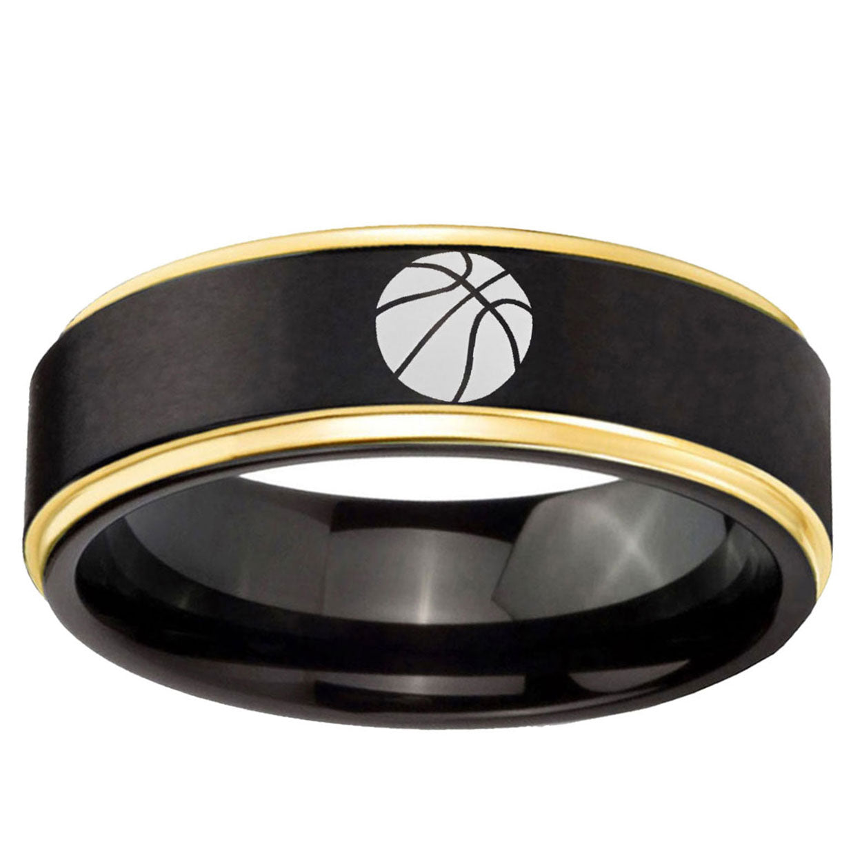 6mm Basketball Gold Step Edge Black Tungsten Promised Ring