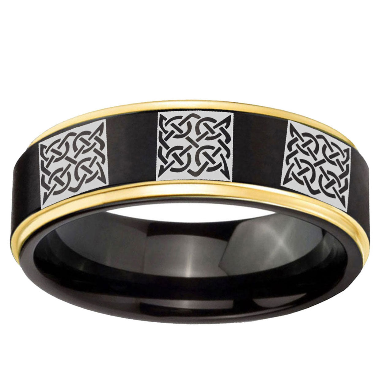 6mm Multiple Celtic Gold Step Edge Black Tungsten Ring