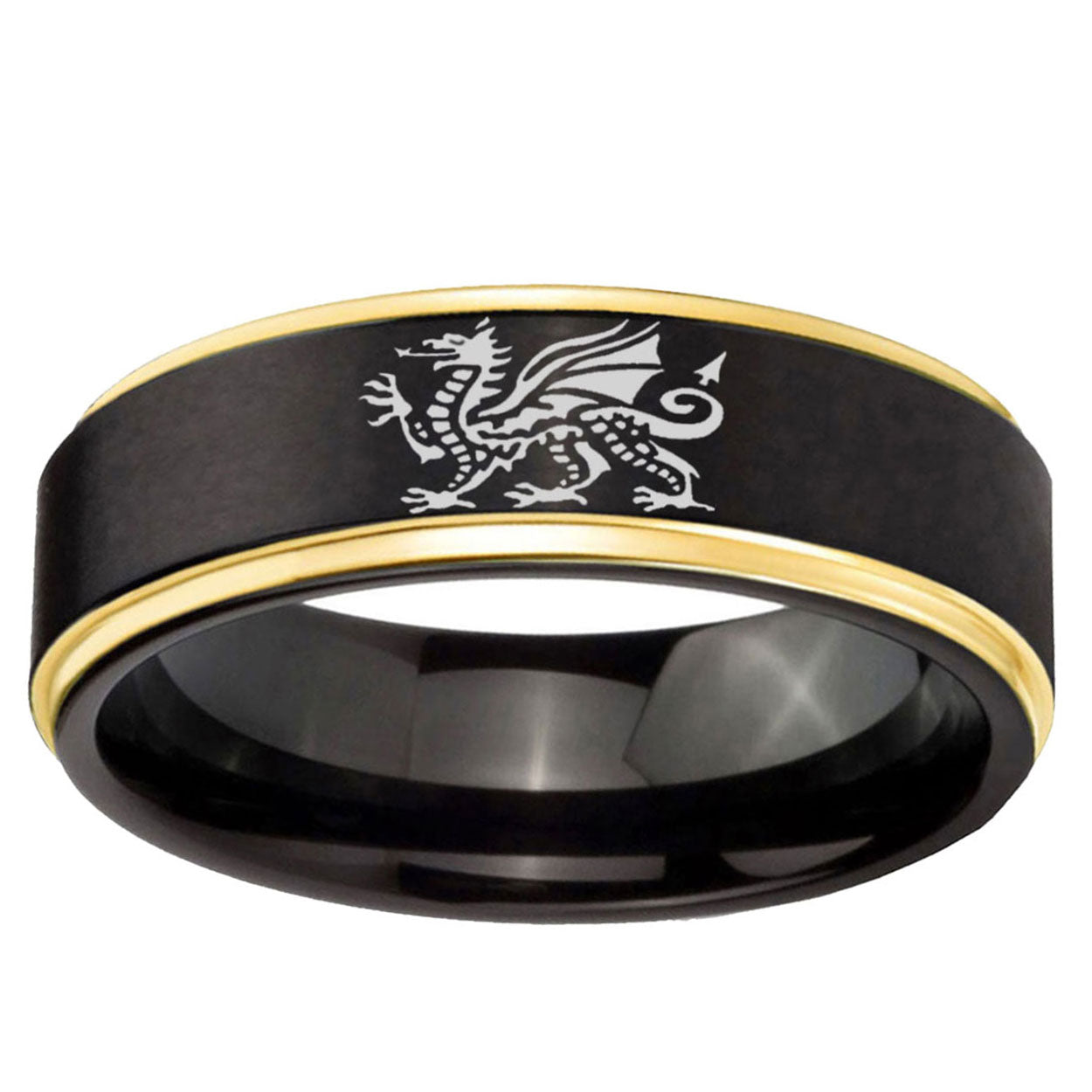 6mm Dragon Gold Step Edge Black Tungsten Ring for Men