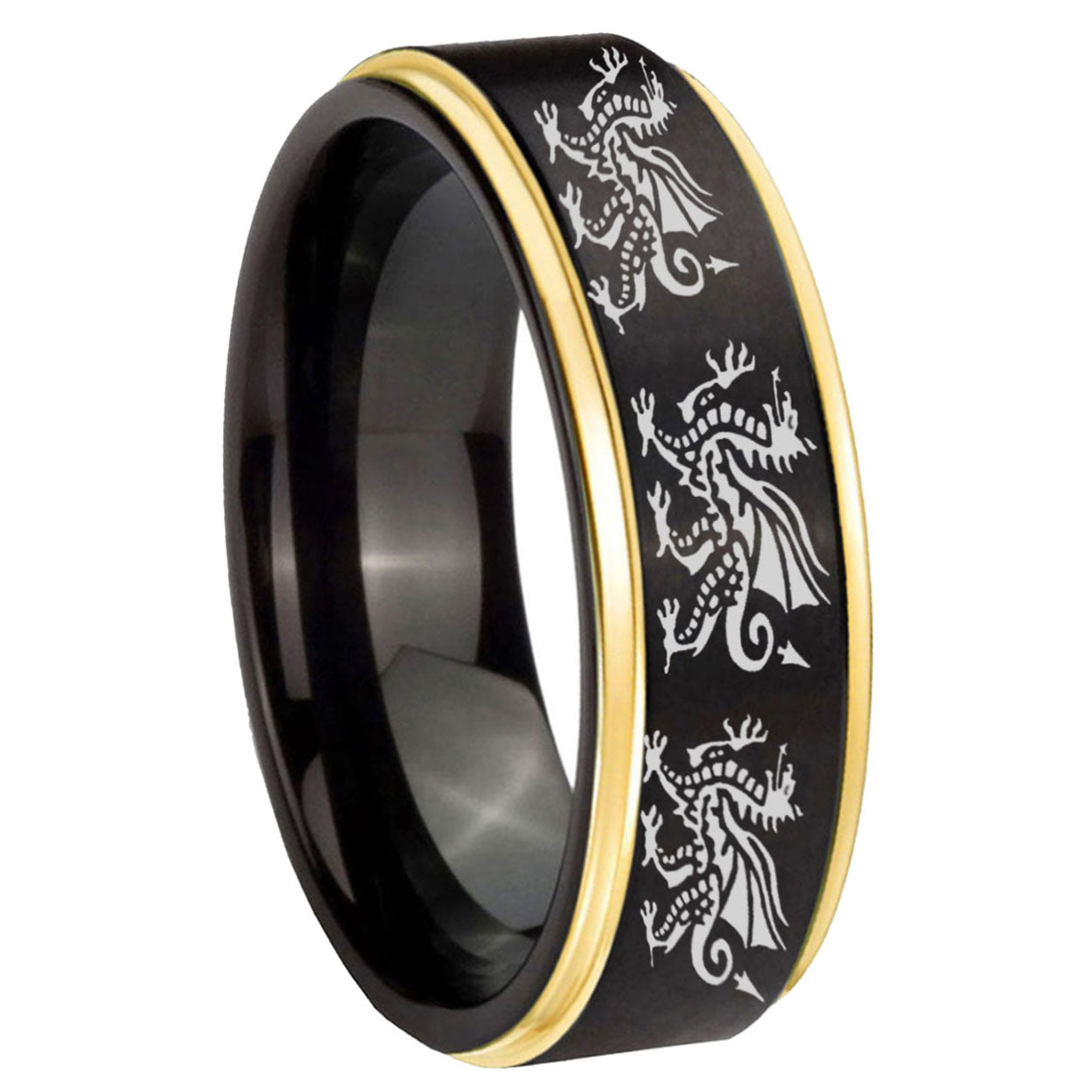 8mm Multiple Dragon Gold Step Edge Black Tungsten Mens Ring