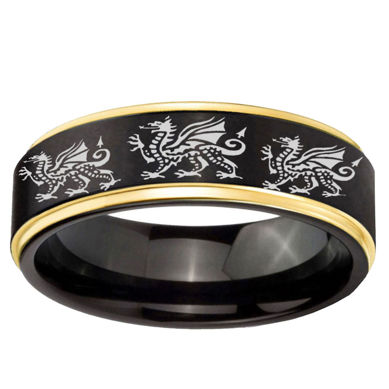 6mm Multiple Dragon Gold Step Edge Black Tungsten Mens Ring