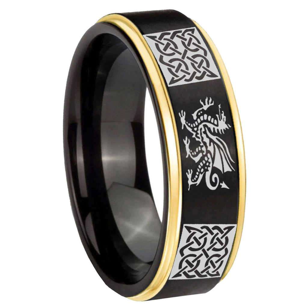 8mm Multiple Dragon Celtic Gold Step Edge Black Tungsten Ring