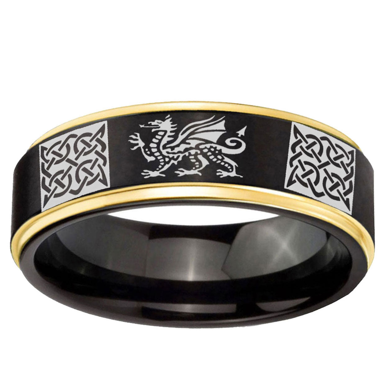 6mm Multiple Dragon Celtic Gold Step Edge Black Tungsten Ring