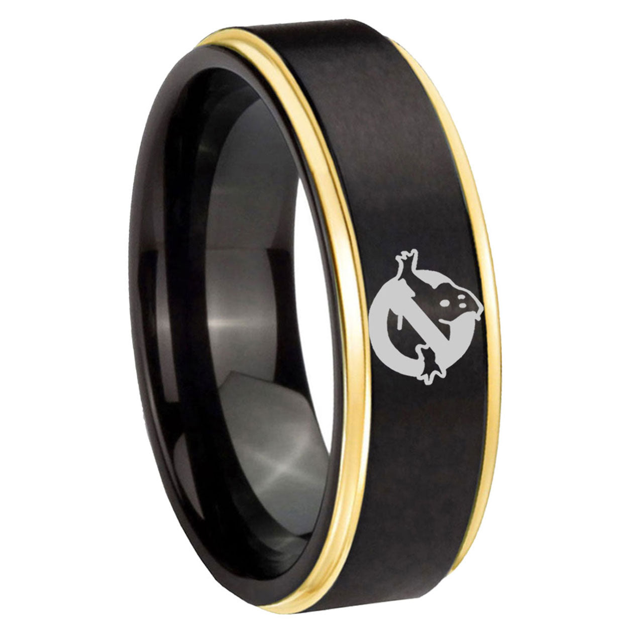 10mm Ghostbusters Gold Step Edges Black Tungsten Carbide Mens Promise Ring