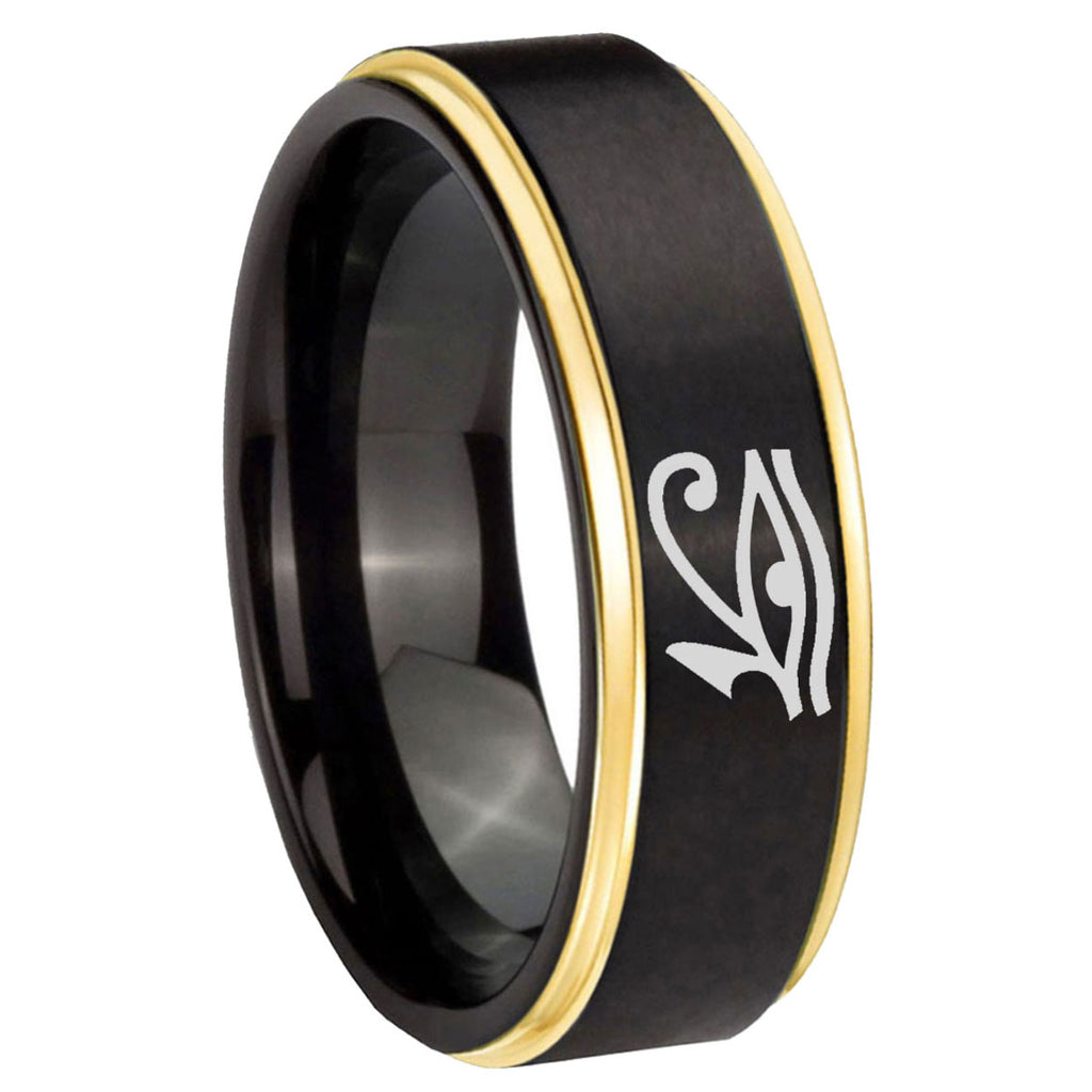 8mm Seeing Eye Gold Step Edge Black Tungsten Mens Bands Ring