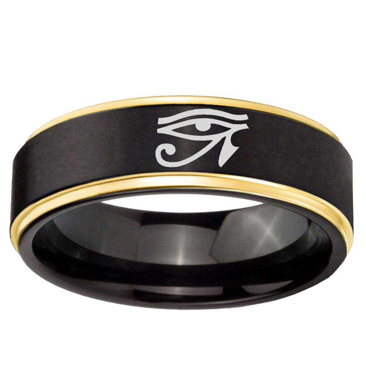 6mm Seeing Eye Gold Step Edge Black Tungsten Mens Bands Ring