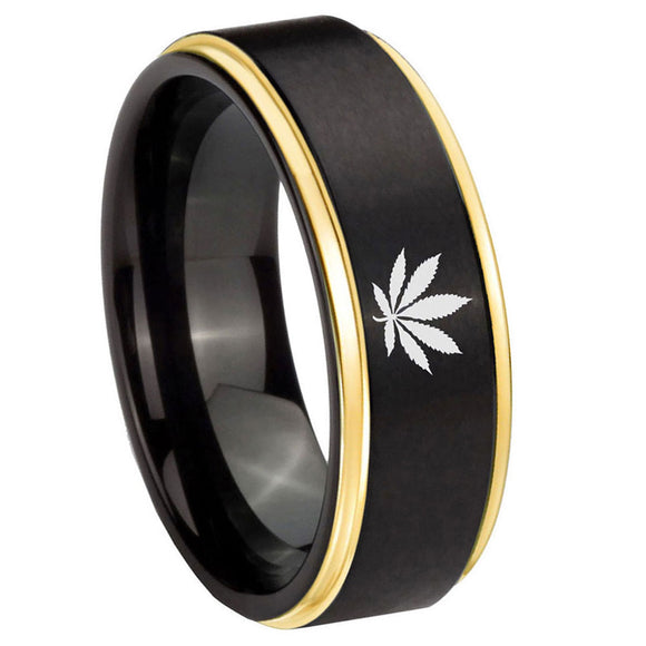 8mm Marijuana Leaf Step Edge Black Gold Mens Tungsten Ring