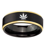 6, 8mm Marijuana Leaf Step Edge Black Gold Mens Tungsten Ring