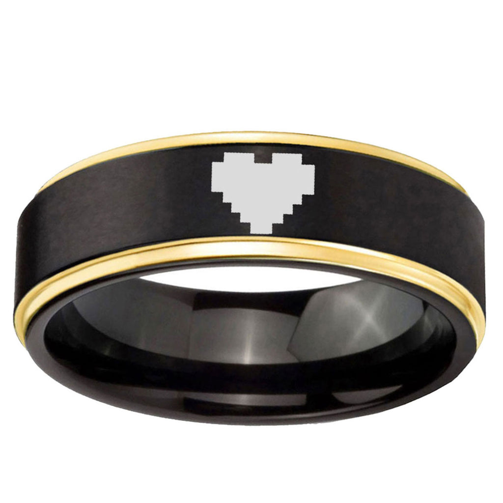 6mm Gold Step Edge Black Zelda Heart Tungsten Engraved Ring