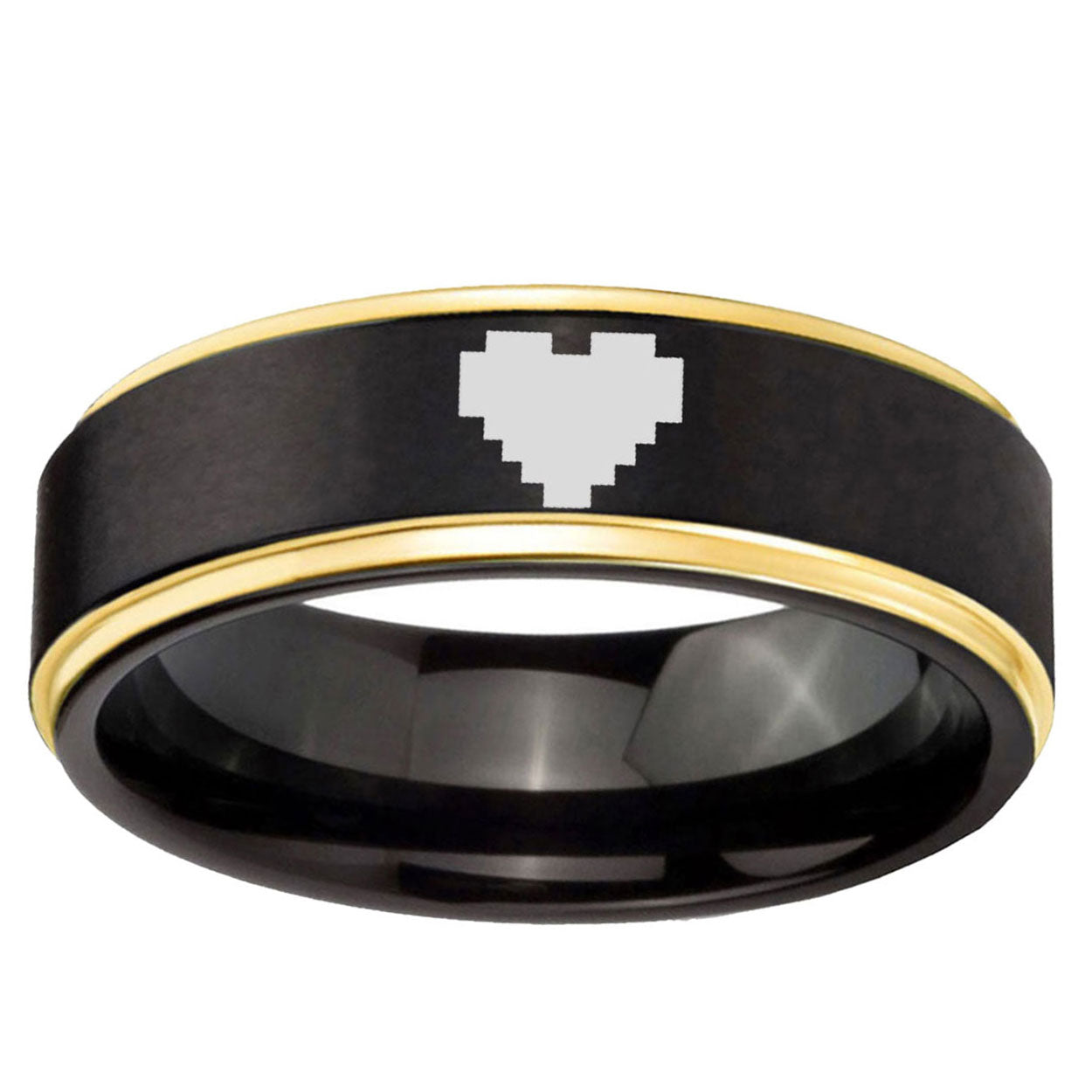 6mm Gold Step Edge Black Zelda Heart Tungsten Engraved Ring