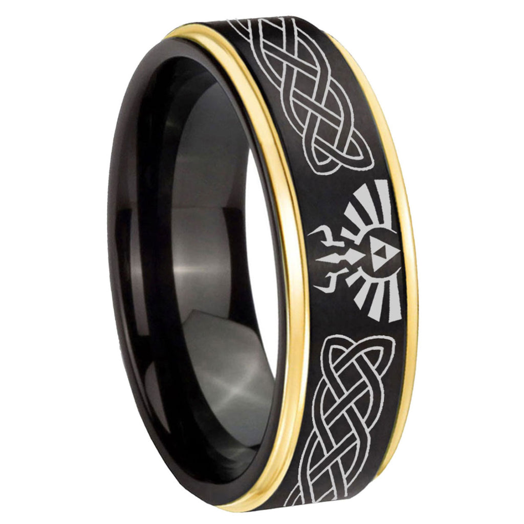 8mm Celtic Zelda Gold Step Edge Black Tungsten Promised Band