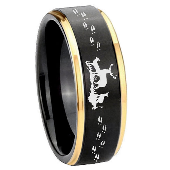 10mm-Deer-Hunting-Gold-Step-Edges-Black-Tungsten-Carbide-Wedding-Ring