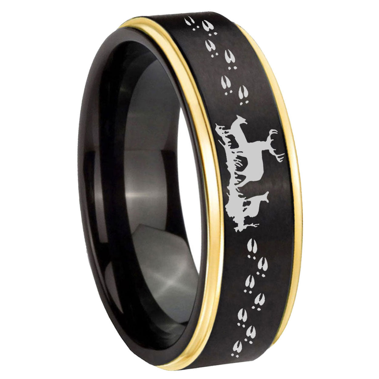 10mm Deer Hunting Gold Step Edges Black Tungsten Carbide Wedding Ring