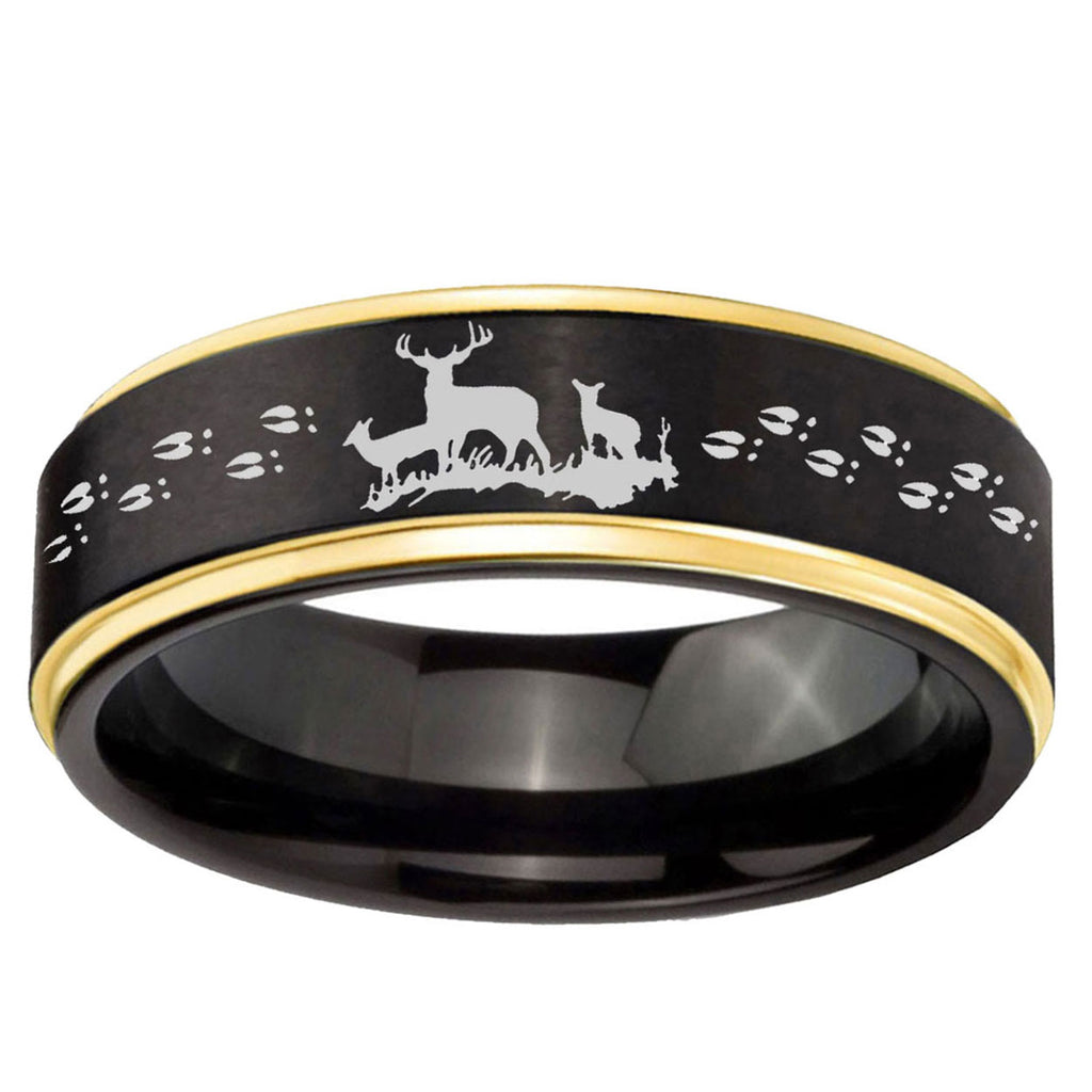 10mm Deer Hunting Gold Step Edge Black Tungsten Carbide Wedding Ring