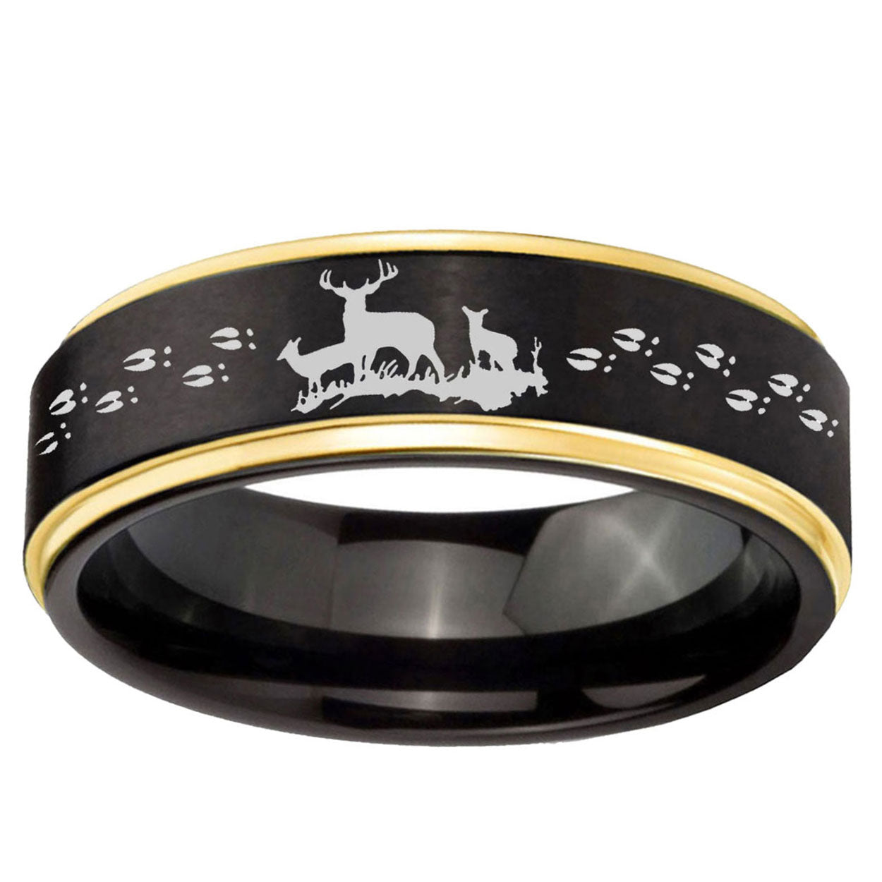 10mm Deer Hunting Gold Step Edge Black Tungsten Carbide Wedding Ring