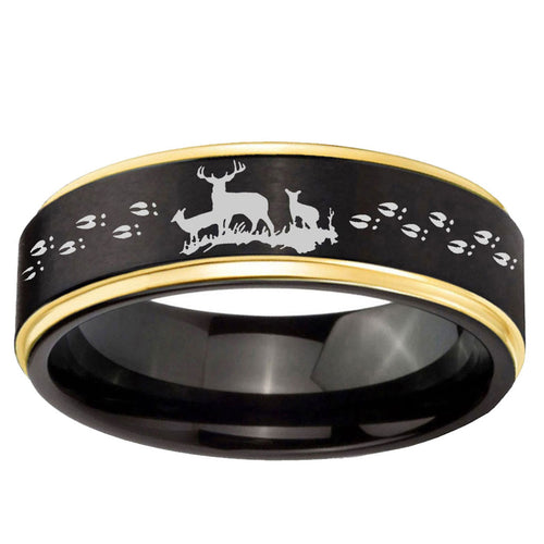 10mm Deer Hunting Gold Step Edge Black Tungsten Carbide Wedding Ring