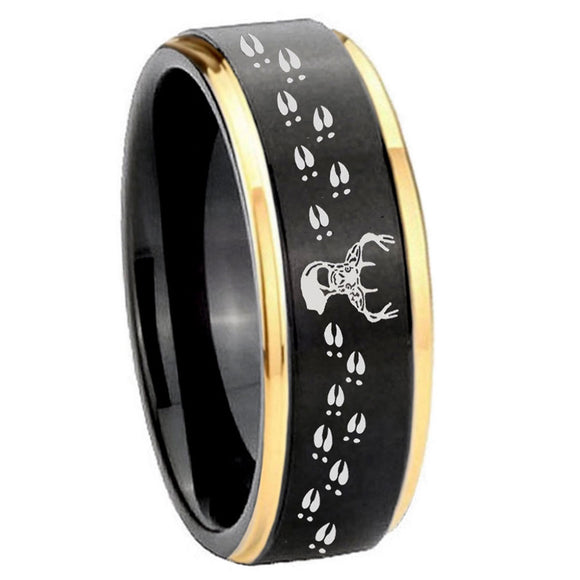10mm-Deer-Antler-Gold-Step-Edges-Black-Tungsten-Carbide-Wedding-Ring