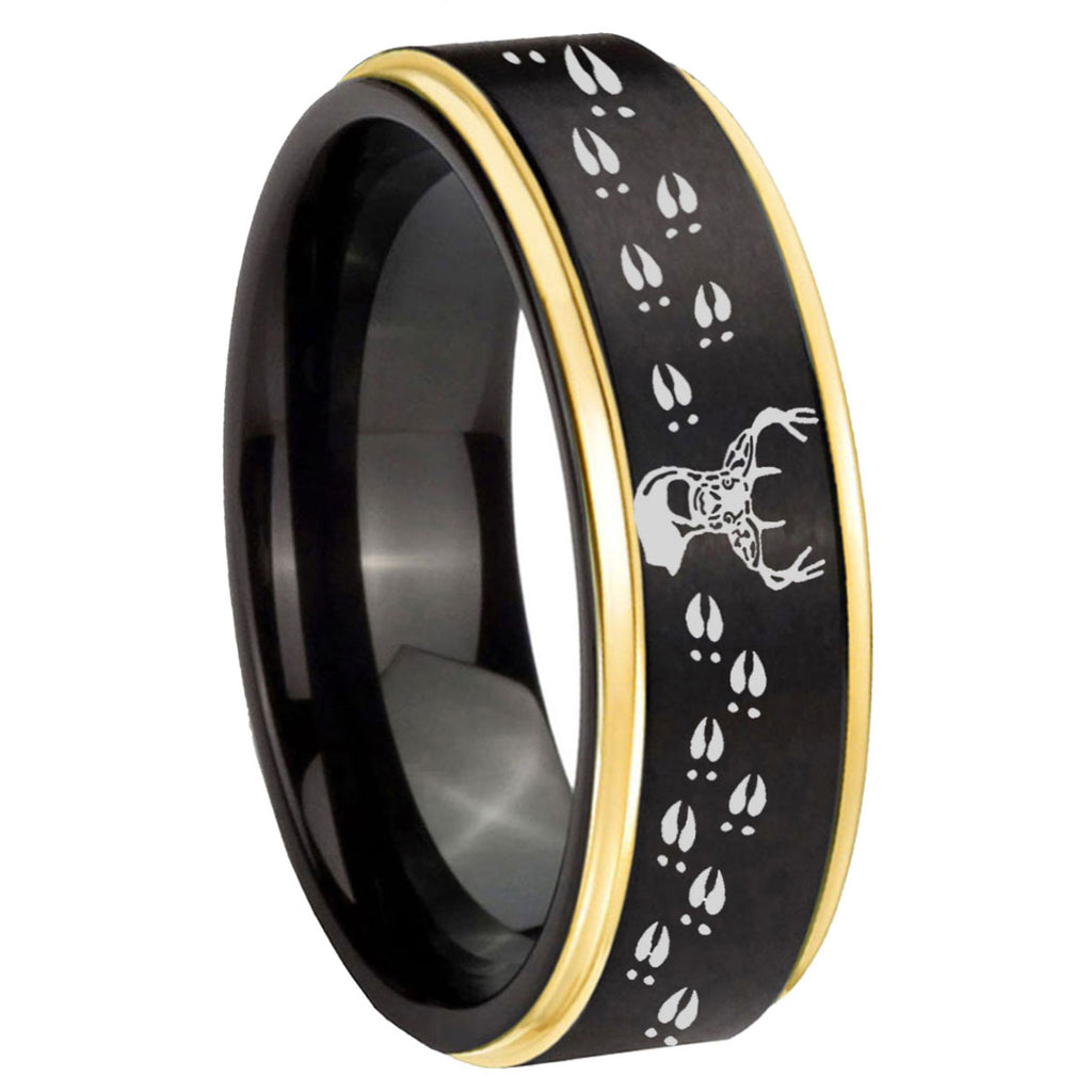 10mm Deer Antler Gold Step Edges Black Tungsten Carbide Wedding Ring