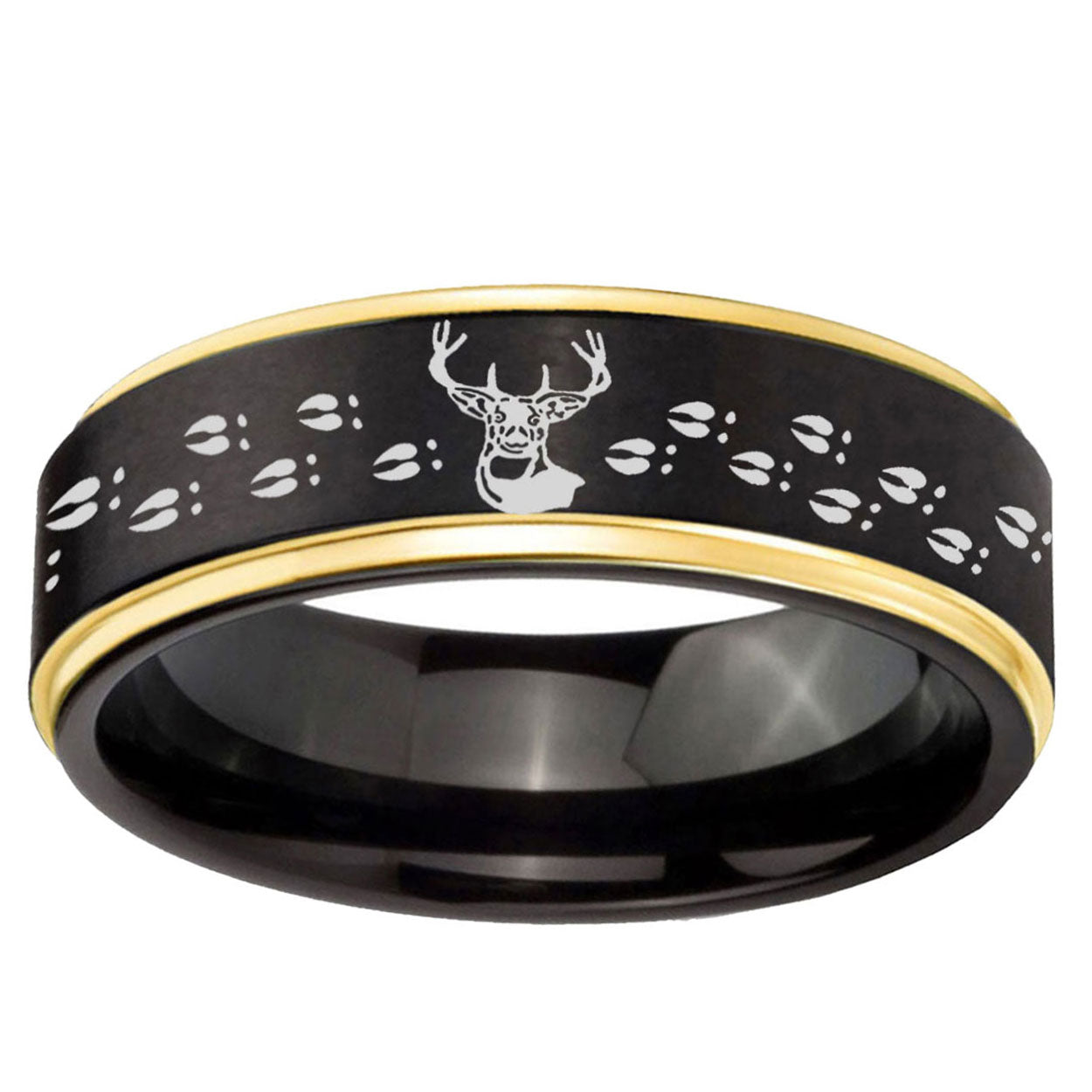 10mm Deer Antler Gold Step Edge Black Tungsten Carbide Wedding Ring