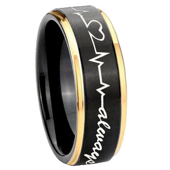 10mm-Heart-Beat-forever-Heart-always-more-Gold-Step-Edges-Black-Tungsten-Custom-Ring