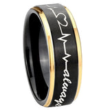 10mm-Heart-Beat-forever-Heart-always-more-Gold-Step-Edges-Black-Tungsten-Custom-Ring