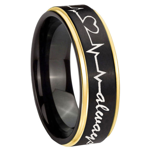10mm Heart Beat forever Heart always more Gold Step Edges Black Tungsten Custom Ring