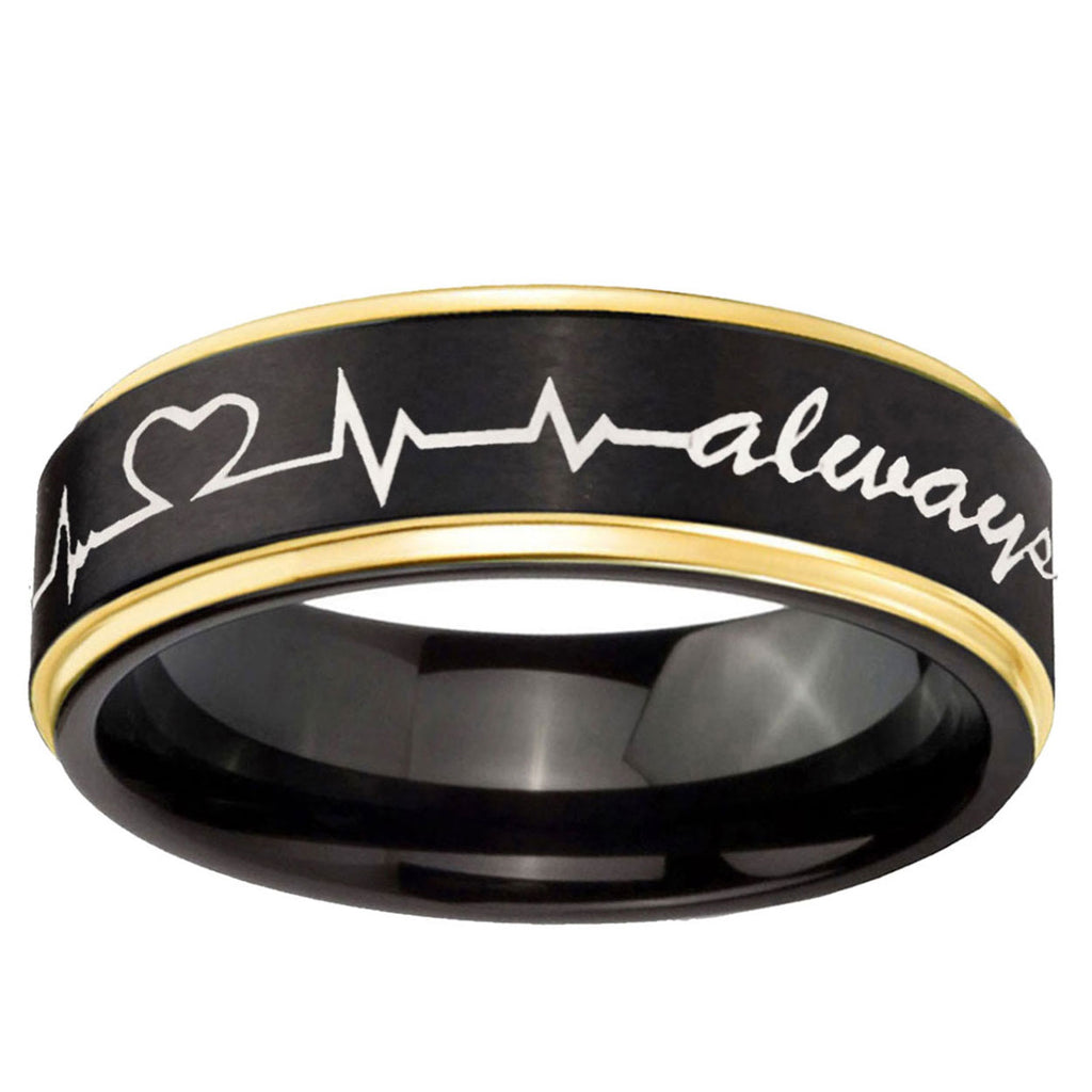 10mm Heart Beat forever Heart always more Gold Step Edge Black Tungsten Custom Ring