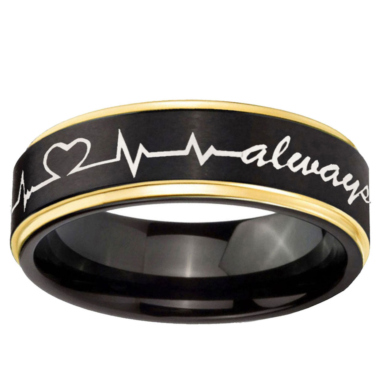 10mm Heart Beat forever Heart always more Gold Step Edge Black Tungsten Custom Ring