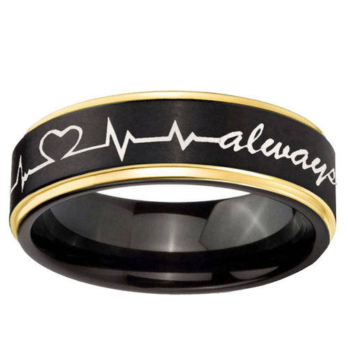 10mm Heart Beat forever Heart always more Gold Step Edge Black Tungsten Custom Ring