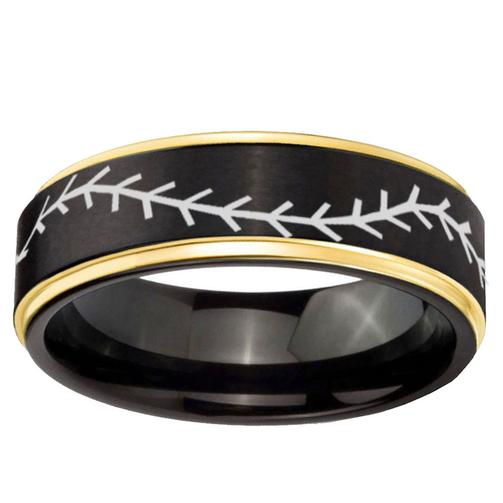10mm Baseball Gold Step Edge Black Tungsten Carbide Promise Rings
