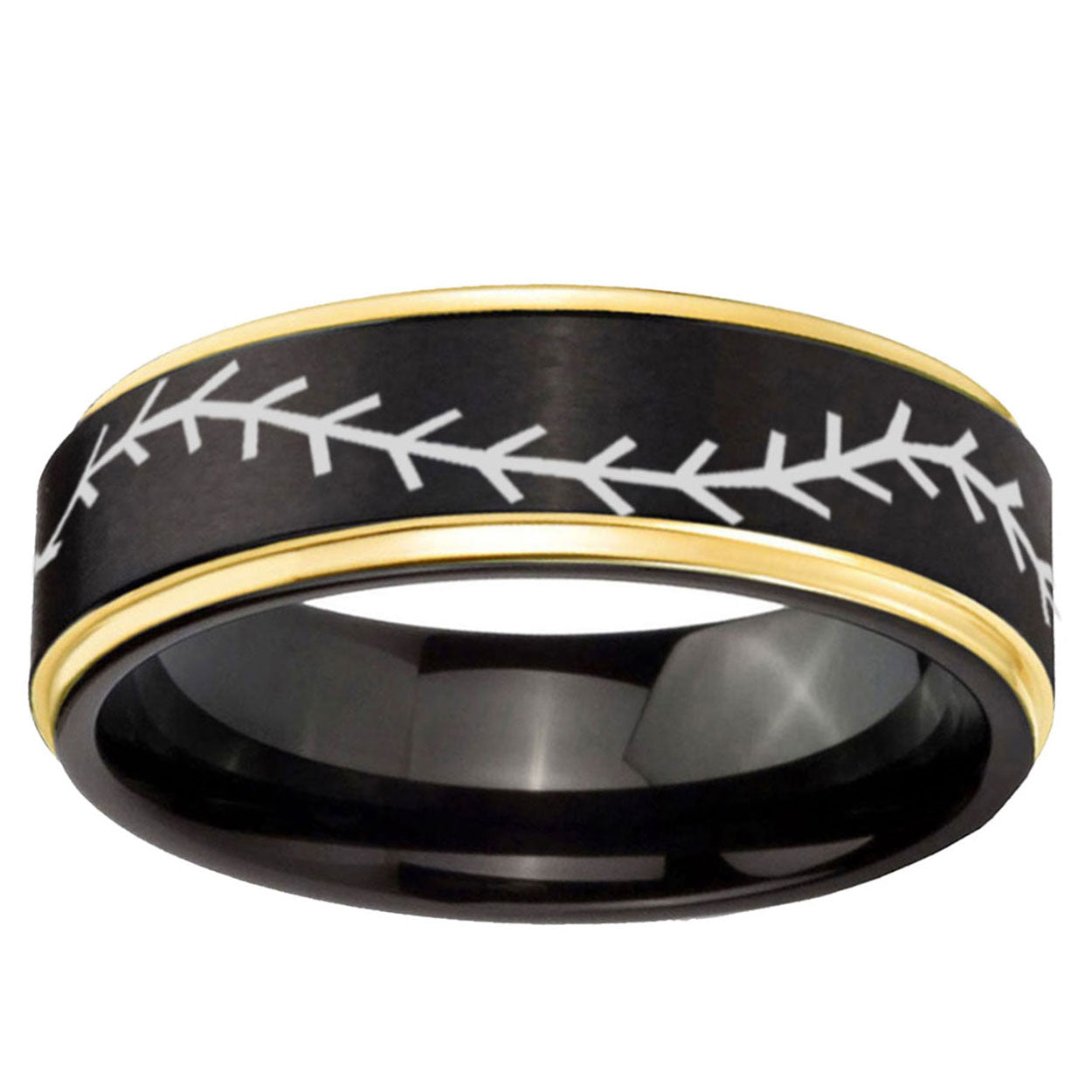 10mm Baseball Gold Step Edge Black Tungsten Carbide Promise Rings