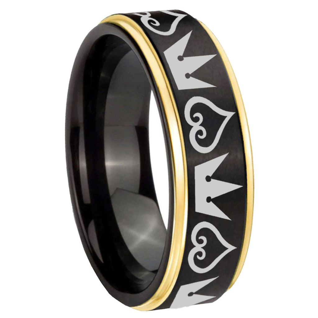 8mm Hearts Crowns Gold Step Edge Black Tungsten Ring