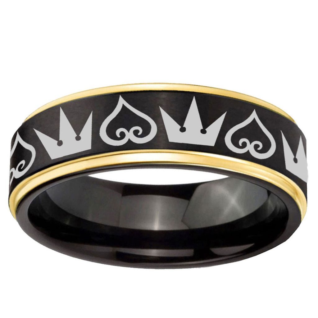 6mm Hearts Crowns Gold Step Edge Black Tungsten Ring