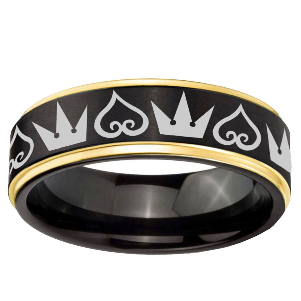 6mm Hearts Crowns Gold Step Edge Black Tungsten Ring