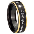 8mm Sound Wave I love you more Gold Step Edge Black Tungsten Ring
