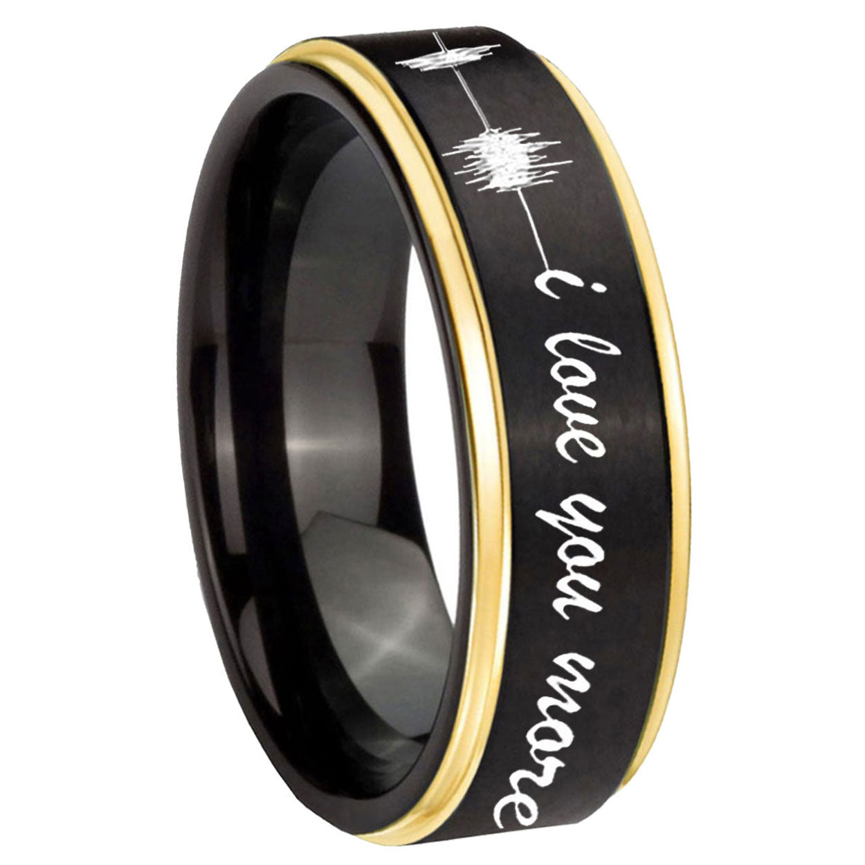 8mm Sound Wave I love you more Gold Step Edge Black Tungsten Ring